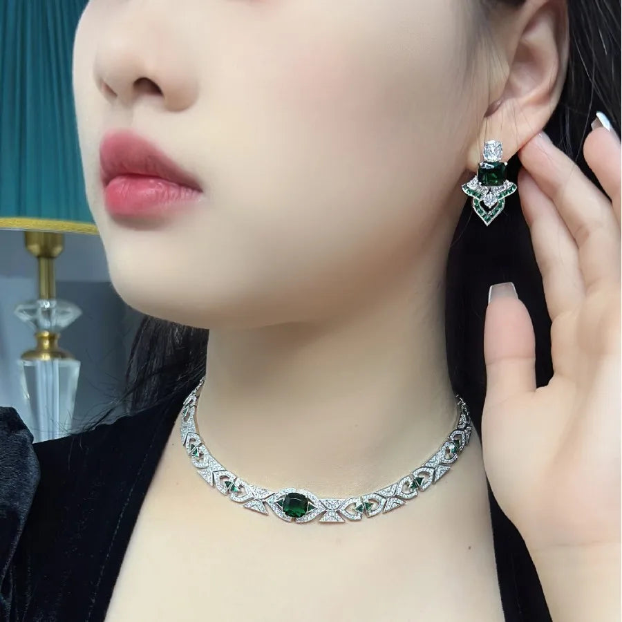 High Grade Sapphire Blue Emerald Green Ruby Red Stone Choker Chain Necklace Earrings Woman Luxury Designer Jewelry Set Party