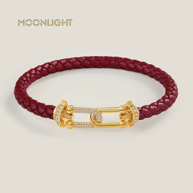 MOONLIGHT Classic Design U-Shape Zircon Bracelet for Women Genuine Braided Leather Charm Bracelet Female Jewelry Gifts 8 Colors