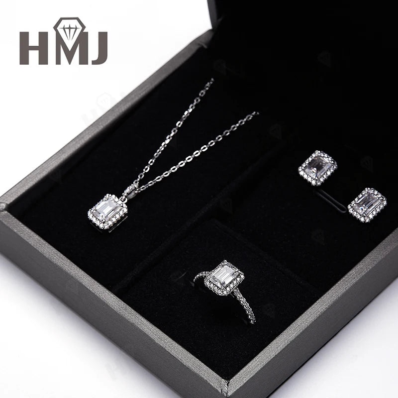 Jewelry Set Ring Earring Necklace Emerald Cut Moissanite Lab Grown Gemstones 925 Sterling Silver Charms Wholesale High-quality