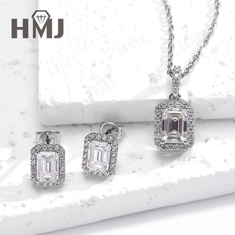 Jewelry Set Ring Earring Necklace Emerald Cut Moissanite Lab Grown Gemstones 925 Sterling Silver Charms Wholesale High-quality