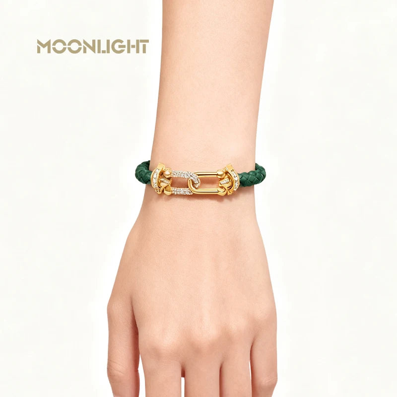 MOONLIGHT Classic Design U-Shape Zircon Bracelet for Women Genuine Braided Leather Charm Bracelet Female Jewelry Gifts 8 Colors