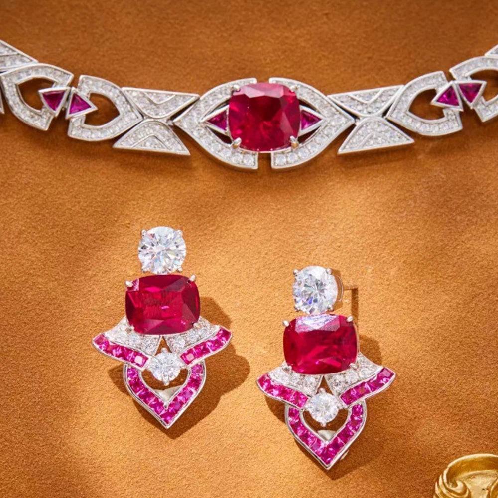 High Grade Sapphire Blue Emerald Green Ruby Red Stone Choker Chain Necklace Earrings Woman Luxury Designer Jewelry Set Party