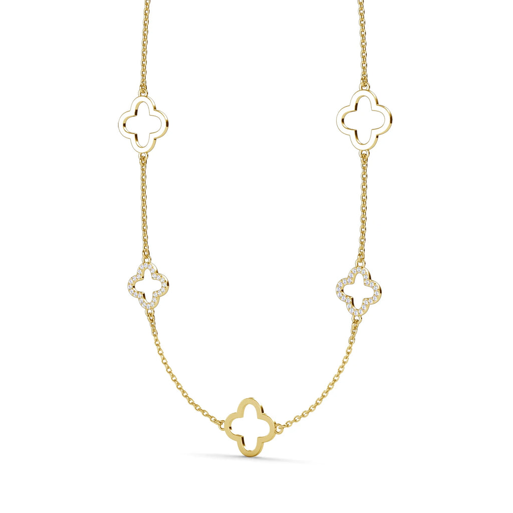 Multi Clover Station Long Necklace Embellished with Swarovski Crystals Copper Silver Plated Women Jewelry Bridal Valentine Gift